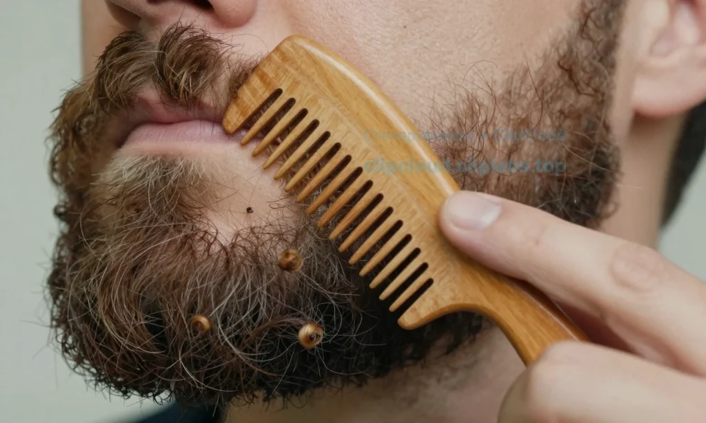 A close-up of a man's tangled beard with knots and clumps, being gently combed with a wooden beard comb, showing careful detangling without damage, soft natural lighting, realistic skin and hair texture, no text or symbols