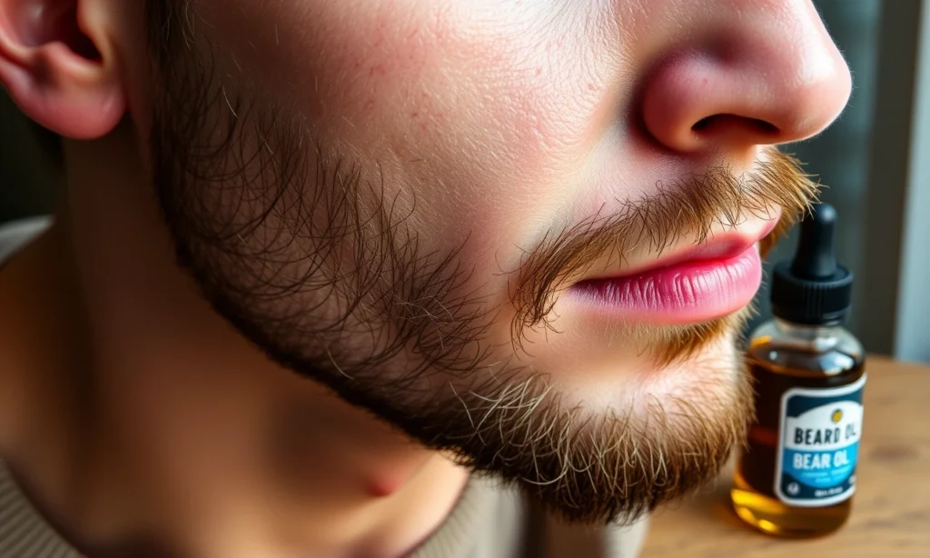 A close-up of a man's face showing mild skin redness on the cheeks and jawline after using beard oil, with a small bottle of beard oil nearby on a wooden surface, soft natural lighting, realistic skin texture, no text or symbols visible