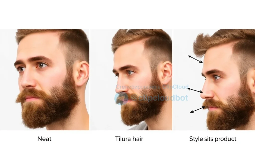 A well-groomed man with a neatly trimmed beard, showing different beard styles (neat, slightly tousled, and styled with product) to illustrate why beard hair puffs and sticks out in different directions, emphasizing control and style, clean background, clear focus on beard texture and shape