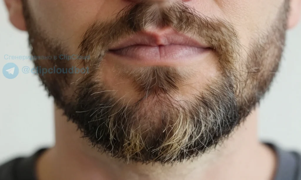A close-up of a man's beard showing darker roots and lighter tips, with natural lighting highlighting the color gradient from dark at the base to light at the ends, realistic skin texture, subtle facial hair detail, no background distractions, soft focus on surroundings