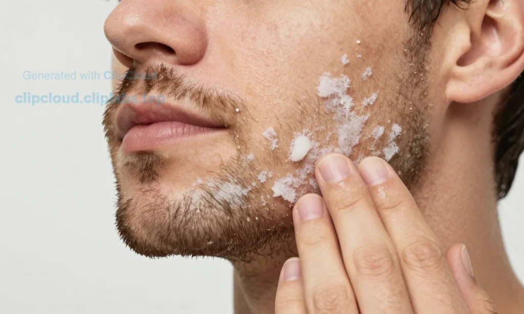 A close-up of a man's beard area with flaking skin after a shower, a gentle shower setting, and a skincare product or dermatologist's recommendation, realistic style