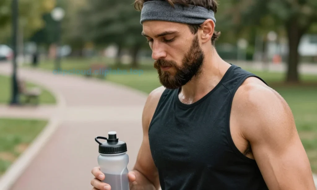 A man with a well-groomed beard exercising outdoors, sweating lightly, wearing a sports headband and workout clothes, holding a water bottle, with a blurred background of a park trail or gym equipment, natural daylight, realistic style, focus on beard care and sweat management during physical activity