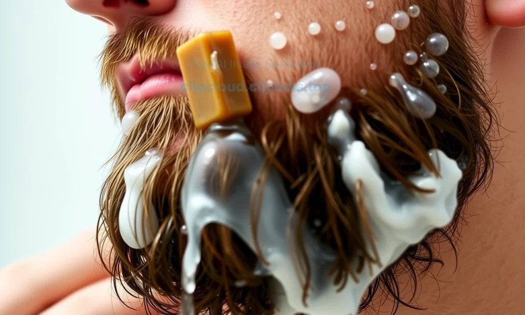 A close-up of a man washing his beard with water and soap, showing the removal of wax residue, with a clean, healthy beard, a towel, a soap bar, and a gentle water flow, in a clean bathroom setting.