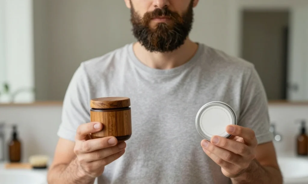 A well-groomed man with a full, neatly trimmed beard stands confidently in soft natural light, holding a small wooden jar of beard oil in one hand and a tin of beard wax in the other, both products clearly visible but without any text labels; the background is a blurred bathroom vanity with subtle grooming tools like a brush and comb, emphasizing choice and care in beard maintenance; the mood is calm, masculine, and refined, focusing on texture and natural grooming aesthetics