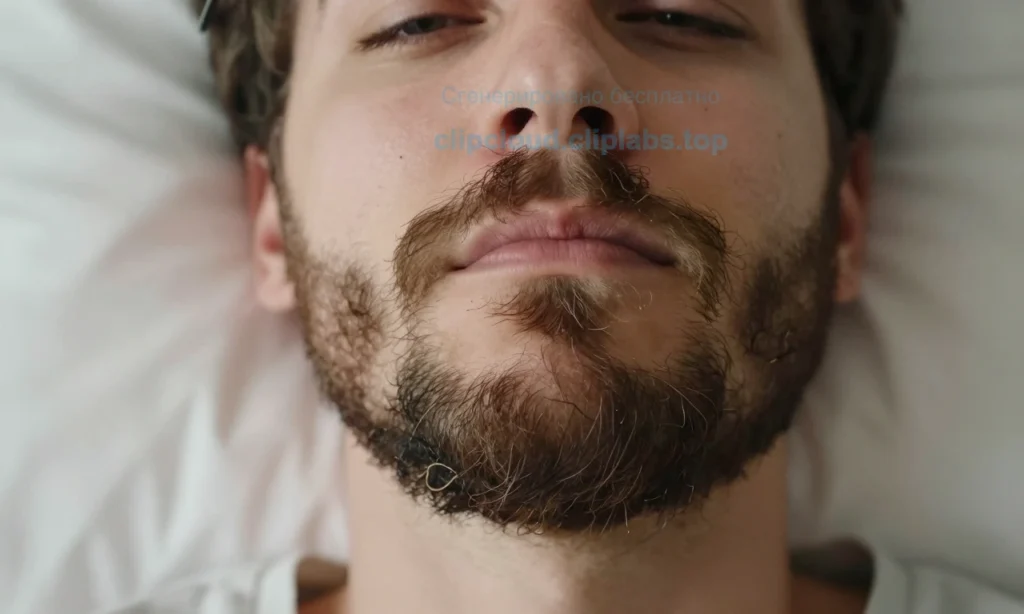A close-up of a man's face in a softly lit bedroom, his beard appearing unruly and sticking out after sleep. The beard has visible strands and curls, with a subtle hint of a grooming tool like a comb or scissors in the background, suggesting a quick fix. The image conveys a relaxed, early morning vibe without any text or lettering.
