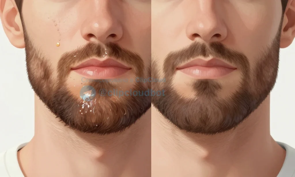 A close-up illustration showing a man's beard with visible oily, greasy shine on the surface, indicating oil not being absorbed, with a split comparison: left side showing the shiny, unabsorbed oil, right side showing a healthy, matte beard texture, set against a clean background with subtle skin texture details, medical or grooming educational style
