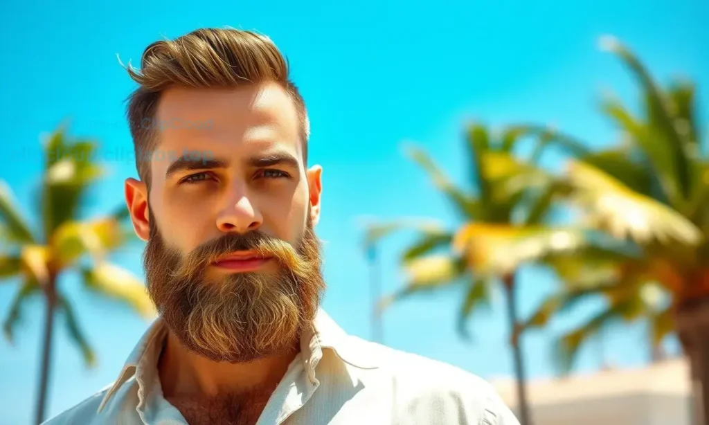A well-groomed man with a neatly trimmed beard stands outdoors in bright summer sunlight, wearing a light linen shirt, with subtle droplets of sweat visible on his forehead but none on his beard, which looks clean, fresh, and healthy; in the background, a tropical summer setting with palm trees and a clear blue sky, emphasizing freshness and proper beard care in heat — no text, no labels, no products visible