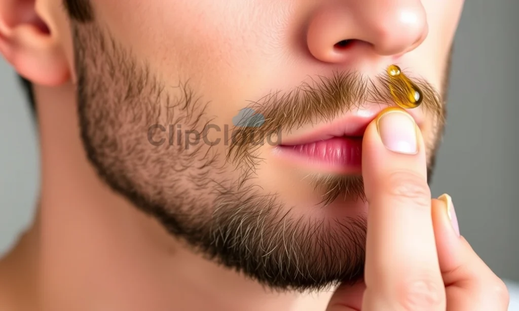A close-up of a man's face during early beard growth, showing soft, slightly prickly stubble on the chin and jawline, with gentle lighting highlighting skin texture and subtle redness from irritation. One hand is applying a soothing beard oil or balm with fingertips, droplets visible on the skin. Background is blurred and neutral, emphasizing facial care and comfort. No text, logos, or symbols present.