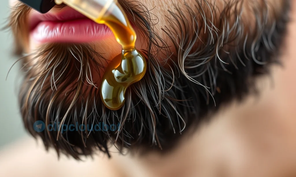 A close-up of a well-groomed beard with a few drops of natural hair oil being applied to the facial hair, showing subtle shine and texture, soft natural lighting, realistic skin and hair details, no text or symbols visible