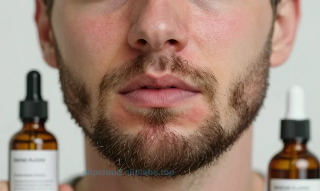 A close-up of a man's face with a well-groomed beard, showing a slight redness on the skin around the beard area, indicating a mild allergic reaction. The man appears concerned but not in pain. The beard oil bottle is visible in the background, suggesting recent use. The overall tone is informative and neutral, focusing on the skin's reaction.