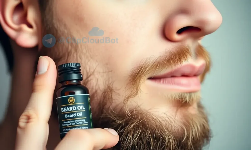 A close-up of a man's face with a well-groomed beard, showing healthy skin with no visible acne, holding a small bottle of beard oil with natural ingredients like jojoba and tea tree oil, soft natural lighting, minimalist background, focus on texture of beard and skin clarity