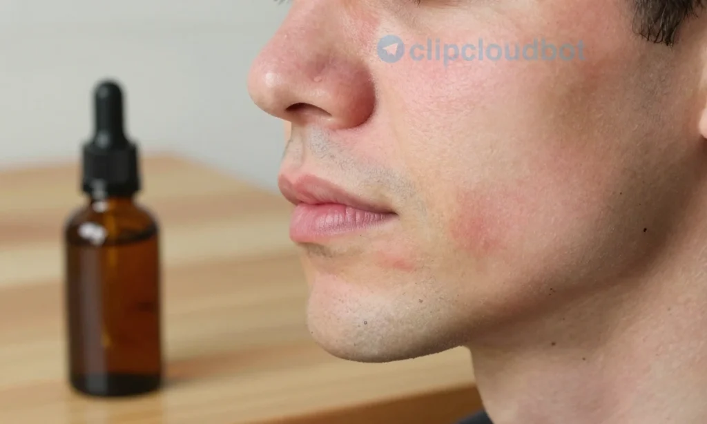 A close-up of a man's face showing mild skin redness on the cheeks and jawline after using beard oil, with a small dropper bottle of beard oil nearby on a wooden surface, soft natural lighting, realistic skin texture, no text or symbols visible
