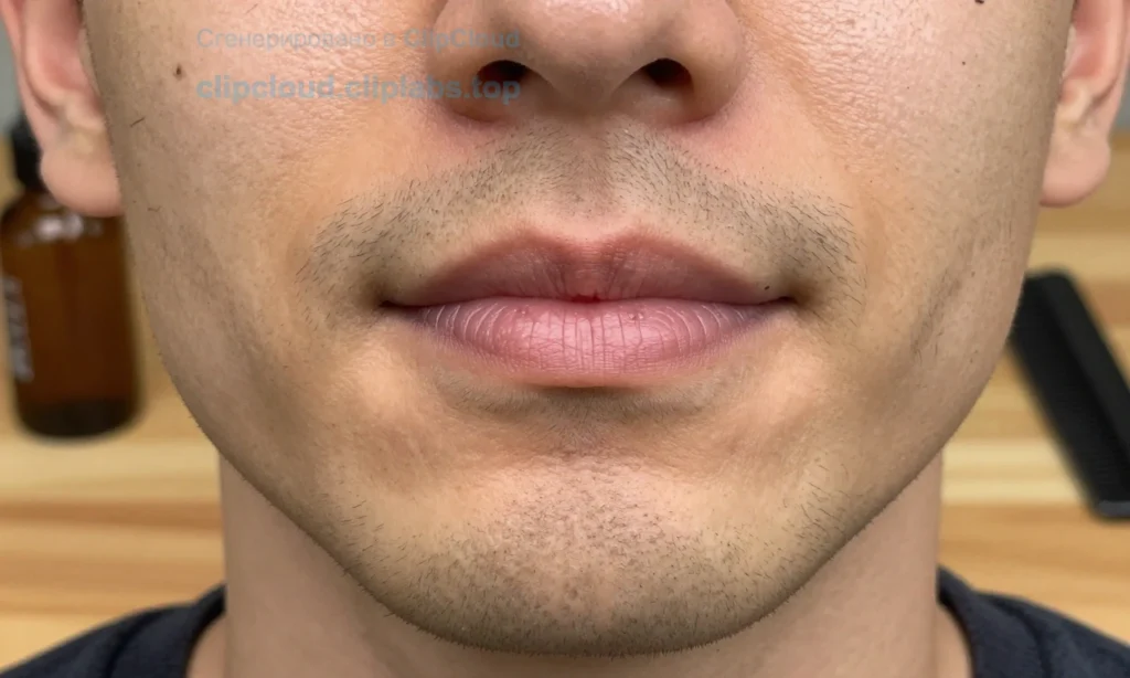 A close-up of a man's face showing early beard growth with soft, slightly coarse stubble on the chin and jawline, natural skin texture, warm daylight lighting, subtle grooming products like beard oil and a comb resting nearby on a wooden surface, realistic skin pores and fine facial hair detail, no text, no logos, no symbols