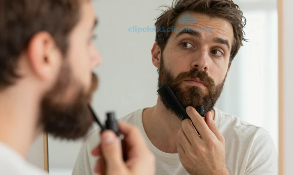 A close-up of a man with a messy beard sticking out after sleep, holding a beard comb and a bottle of beard oil, looking at a mirror, with soft morning light, depicting the quick grooming process to straighten the beard