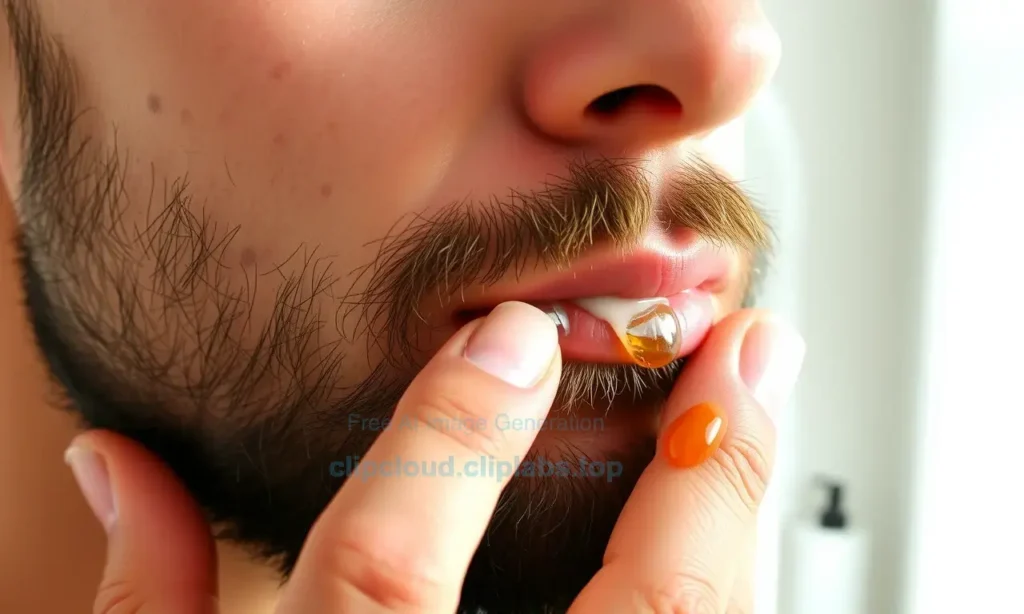 A close-up of a man's face with a well-groomed beard, showing subtle acne-prone skin underneath, gently applying beard oil with fingertips, soft natural lighting, clean bathroom background with minimal toiletries, focus on skin texture and oil absorption, no visible irritation or redness, realistic skin detail, warm tones