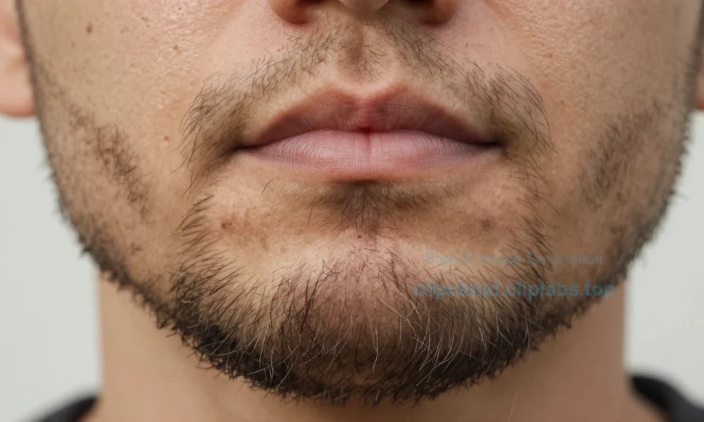 A close-up of a man's face showing patchy and uneven beard growth, with some areas having thick hair and others sparse or bare, highlighting irregular follicles and skin texture under natural lighting, emphasizing the contrast between dense and thin beard regions