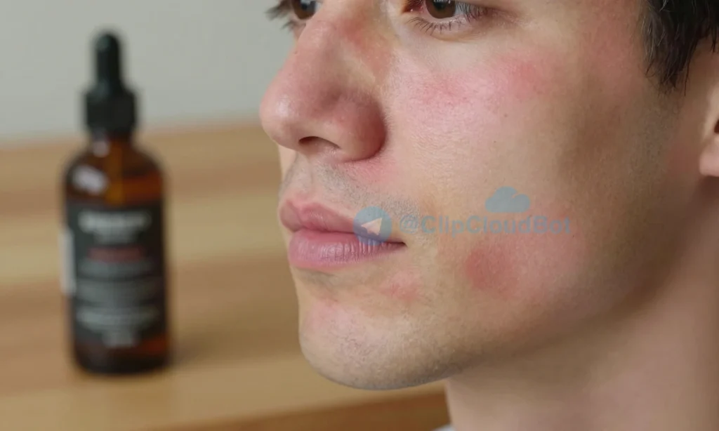 A close-up of a man's face showing mild skin redness on the cheeks and jawline after using beard oil, with a small bottle of beard oil nearby on a wooden surface, soft natural lighting, realistic skin texture, no visible text or labels