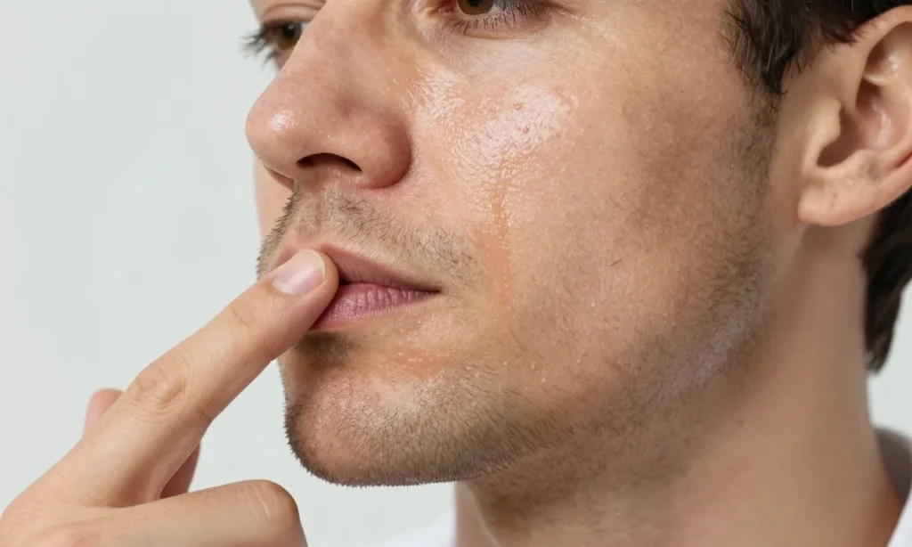 A close-up illustration of a man's face showing oily skin under a beard with visible shine, demonstrating skin texture and pores, with a dermatologist's hand pointing to the area to explain causes and care tips, in a clear, educational style