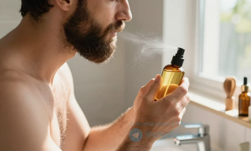 A well-groomed man with a full, healthy beard applying beard oil in the morning light, standing near a bathroom sink with natural sunlight streaming through a window, soft focus on wooden grooming tools and a small bottle of beard oil in his hand, warm and fresh atmosphere, realistic skin and hair texture, no text or labels visible