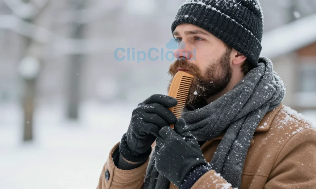 A man with a full beard standing in a snowy winter setting, wearing a warm coat, hat, gloves, and scarf. He is gently brushing his beard with a wooden comb to reduce static, with subtle light reflecting off the snow. The scene conveys a calm, cozy winter atmosphere, with soft lighting and a hint of frost.