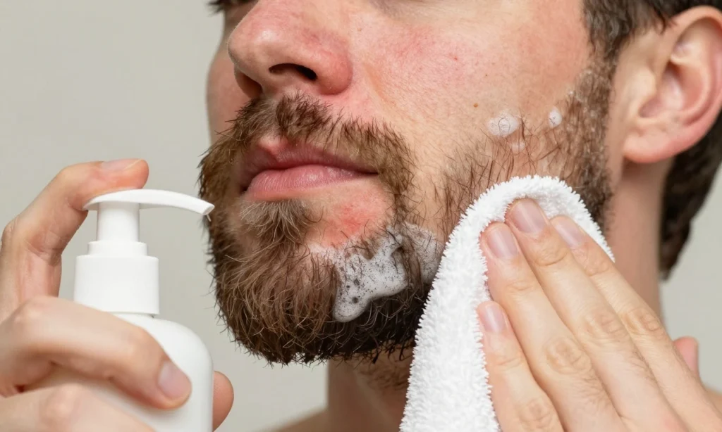 A close-up of a man's face with a full beard, showing visibly inflamed and reddened skin beneath the beard after washing. The image should depict a gentle beard wash routine: a hand holding a mild, fragrance-free beard shampoo bottle, a small amount of lather on the beard, and a towel drying the area. The focus is on the skin condition and the care process, with soft lighting and a neutral background to emphasize the facial features and the washing action.