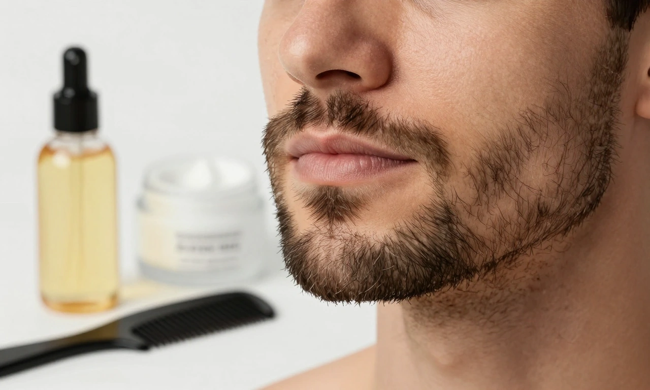 A close-up of a well-groomed beard on a man's face, with a beard oil bottle, a beard comb, and a gentle moisturizer in the background, showing a natural, healthy look without dryness