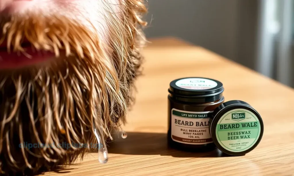 A close-up of a well-groomed man's beard with a subtle sheen, showing droplets of clear liquid on the whiskers, a sleek glass bottle of beard balm beside it, and a small jar of beeswax-based beard wax, both products displayed on a clean wooden surface with soft natural lighting, emphasizing texture and grooming