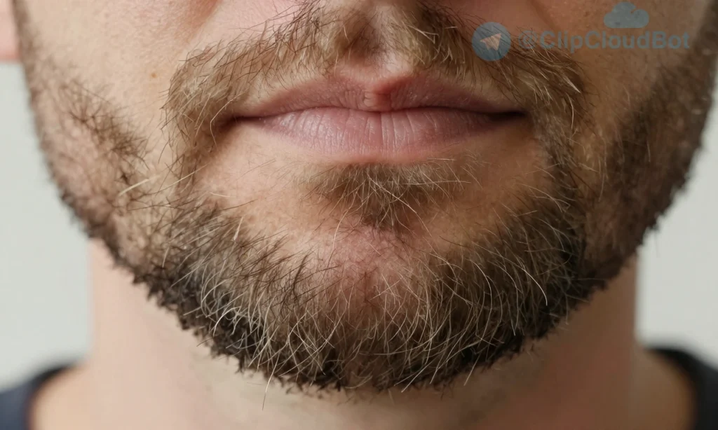 A close-up of a man's beard showing signs of brittleness and dullness — individual hairs appear dry, split-ended, and lackluster, with visible flaking skin underneath, soft natural lighting highlighting the texture, shallow depth of field, realistic skin and hair detail