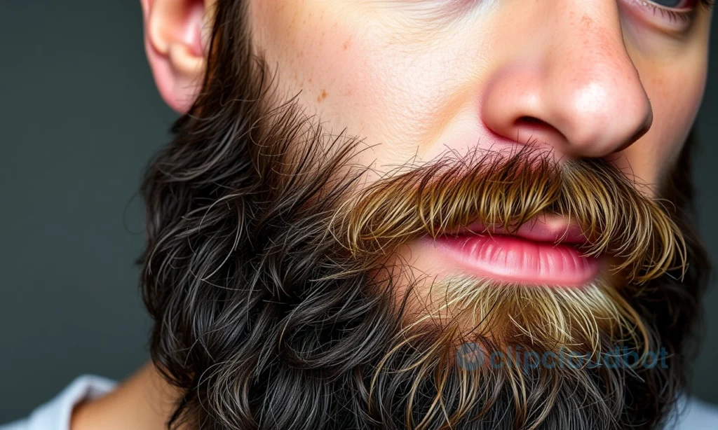 A close-up of a man's face with a thick, well-groomed beard, showing healthy facial hair growth despite oily skin; subtle shine on the T-zone (forehead, nose, chin) indicating oiliness, but beard appears full, dense, and neatly trimmed; natural lighting, realistic skin texture, no visible acne or irritation, focus on beard density and skin condition balance