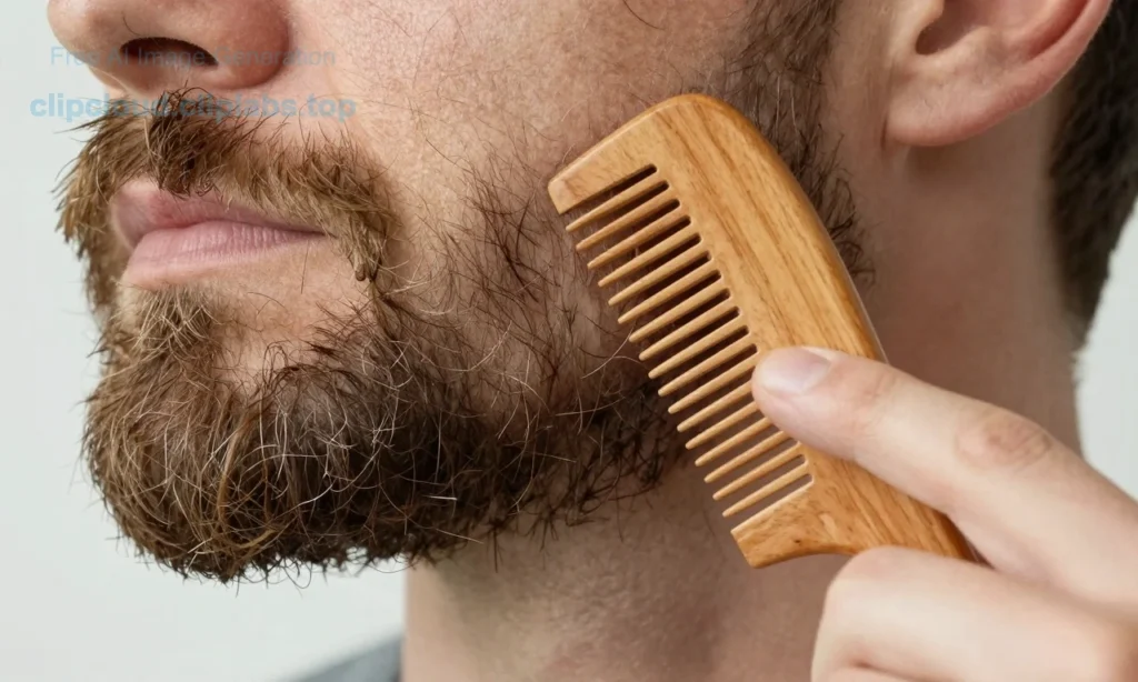 A close-up of a tangled beard with knots and clumps, being gently combed by a hand using a wooden beard comb, soft natural lighting, realistic skin and hair texture, no text or symbols visible