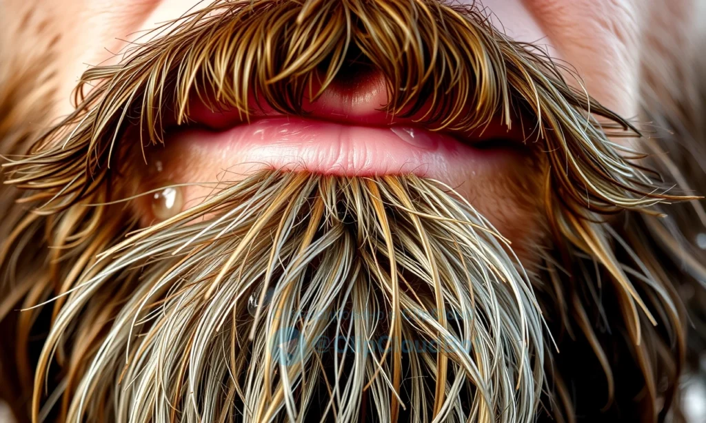 A close-up of a man's beard that appears dirty or greasy despite being freshly washed, showing visible residue, oily strands, and dull texture under natural lighting, with skin underneath slightly irritated, no water droplets or soap bubbles present, realistic skin and hair detail