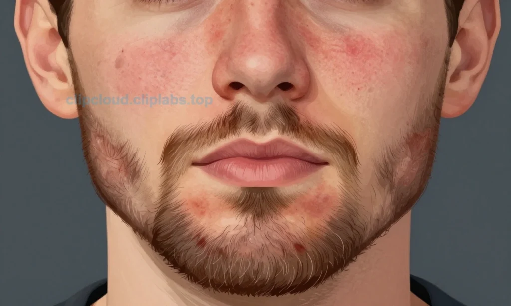A close-up illustration of a man's face showing signs of cosmetic overload under his beard, with visible redness, clogged pores, and irritation on the skin beneath the beard area, depicted in clear, detailed HQ-1280-720-h style
