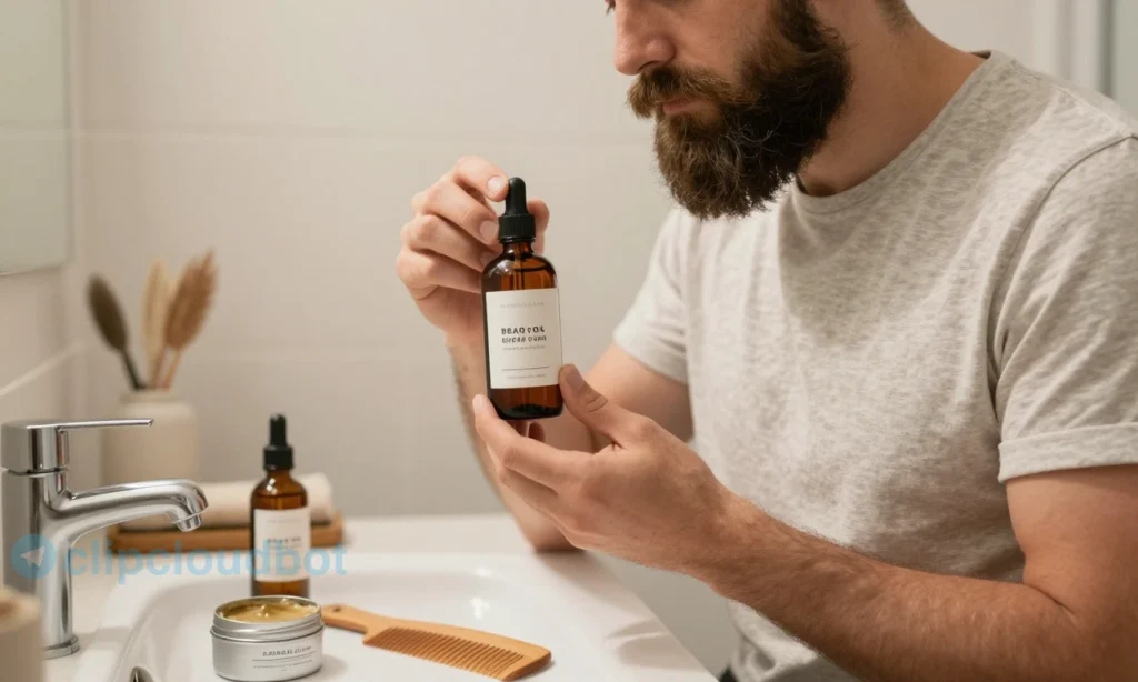 A well-groomed man with a full, healthy beard standing in soft morning light near a bathroom sink, holding a small bottle of beard oil in one hand and applying it to his beard with the other; on the counter beside him: a wooden comb, a dropper bottle labeled 'Beard Oil', and a small tin of beard wax with a lid slightly open, showing its solid texture — warm, natural tones, realistic photography style