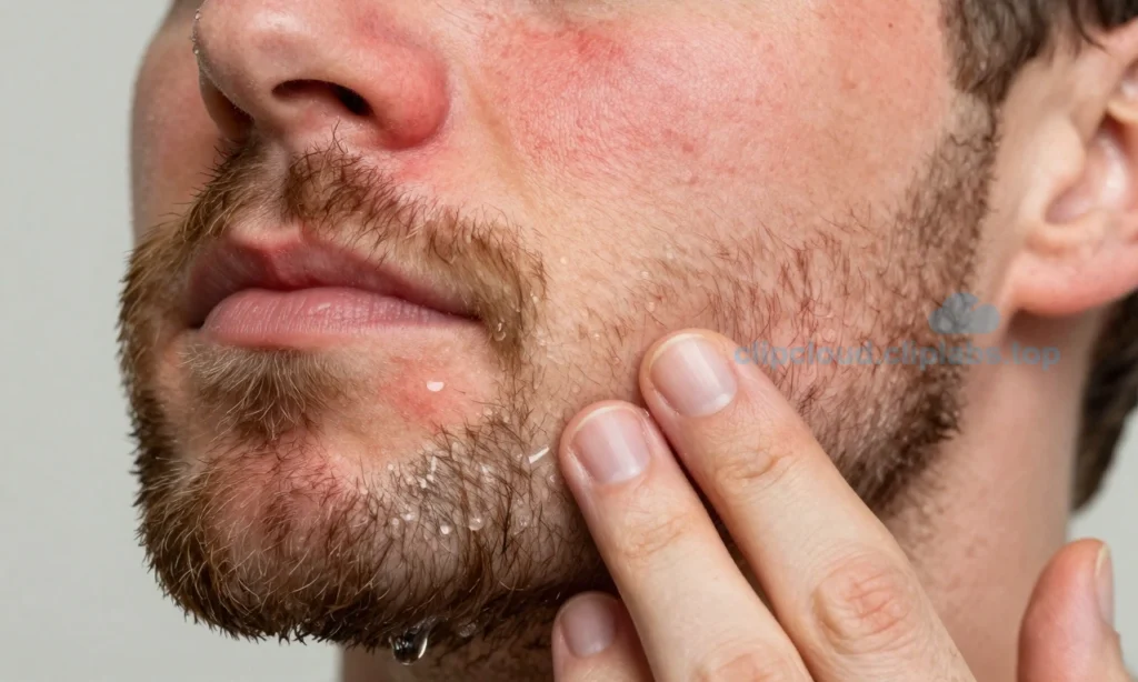 A close-up of a man's face with a beard, showing inflamed and reddened skin underneath the beard after washing. The image should depict a gentle washing scenario, with water droplets on the beard, and a subtle, soothing aftercare product being applied to the skin. The focus is on the contrast between the irritated skin and the calm, healthy skin around it, illustrating the difference between simple irritation and more serious inflammation. The composition should be natural, realistic, and emphas