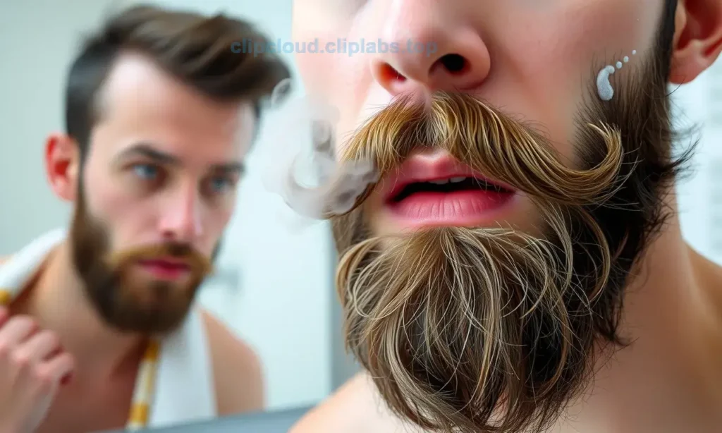 A close-up of a well-groomed beard and mustache with visible signs of odor — subtle steam or faint greenish wisps rising from the facial hair to suggest unpleasant smell, set against a clean, neutral bathroom background with a mirror reflecting a man’s concerned expression, soft natural lighting, high detail on individual hairs and skin texture, no text, no labels, no symbols
