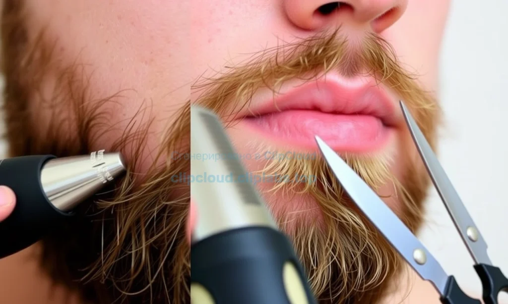 A close-up of a man's face with a messy beard after sleep, showing a quick grooming routine with a beard trimmer, scissors, and a comb, all in a clean, natural setting