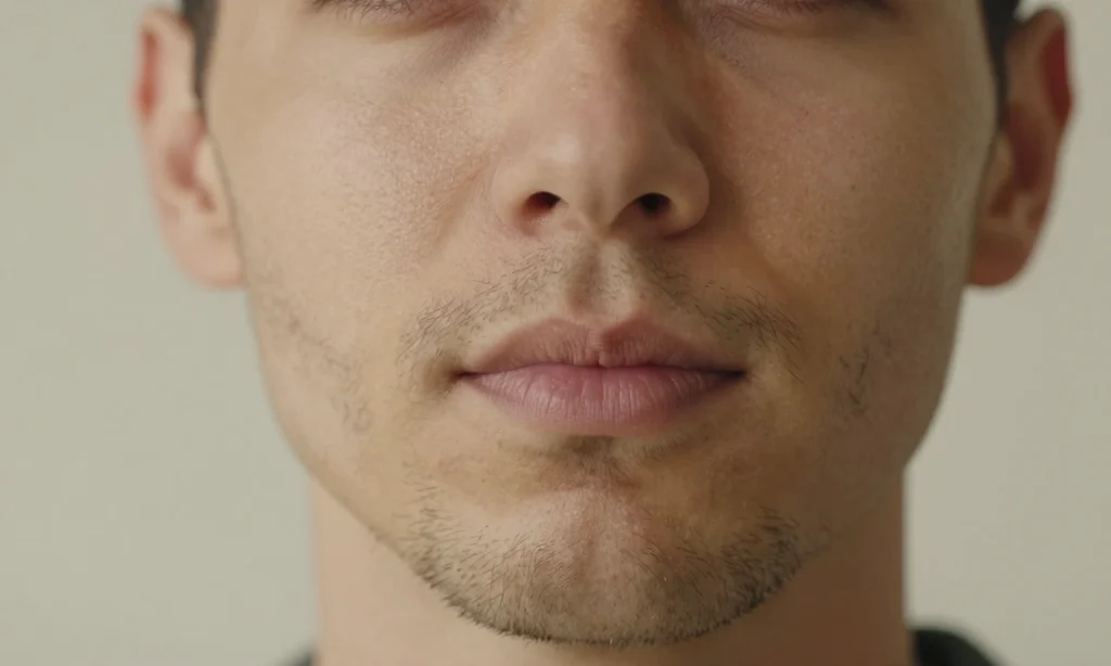 A close-up of a man's face showing early beard growth with soft, unshaven stubble, natural skin texture, gentle lighting highlighting facial contours, no razors or grooming tools visible, calm expression, realistic skin pores and subtle hair direction, warm neutral background