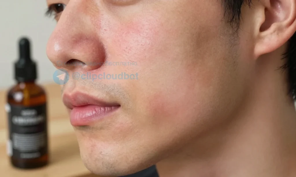 A close-up of a man's face showing mild skin redness on the cheeks and jawline after using beard oil, with a small bottle of beard oil nearby on a wooden surface, soft natural lighting, realistic skin texture, no text or labels visible