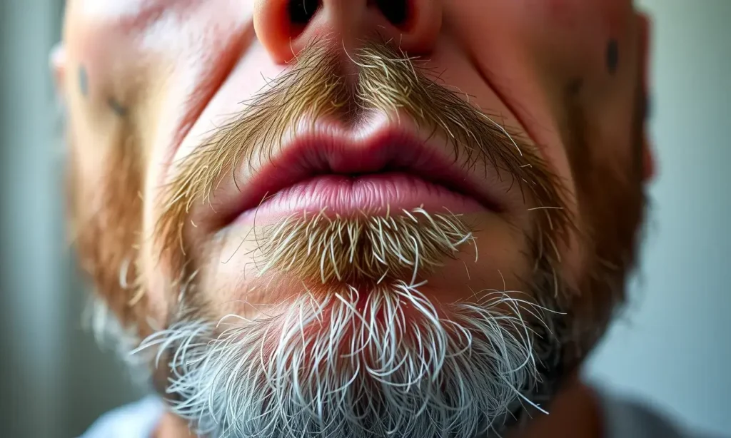 A close-up of a man's face showing a thin, patchy beard after illness, with visible skin through sparse facial hair, soft natural lighting, realistic skin texture, subtle signs of fatigue or recovery, no text or symbols