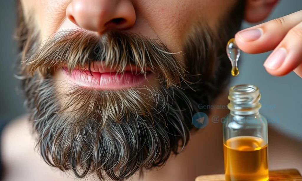 A close-up of a man's beard with a few drops of hair oil being applied, showing natural facial hair texture, soft lighting, and a small bottle of hair oil nearby on a wooden surface, no text or labels visible