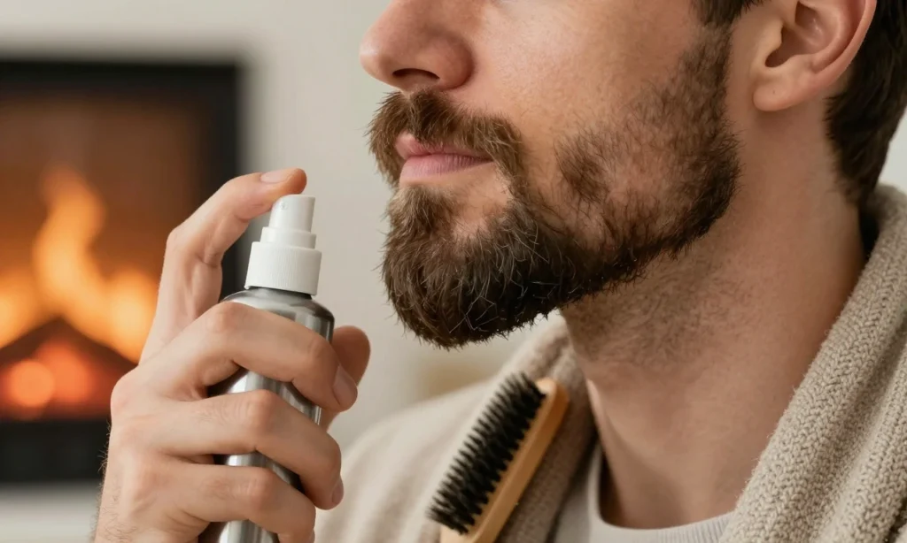 A close-up of a well-groomed man's beard in a cozy winter setting, with a gentle hand applying a clear anti-static spray to the beard, a soft-bristle beard comb nearby, and subtle winter elements like a warm scarf or a softly lit fireplace in the background. The focus is on the beard's smooth, healthy texture and the gentle, natural care routine, with no visible text or lettering.