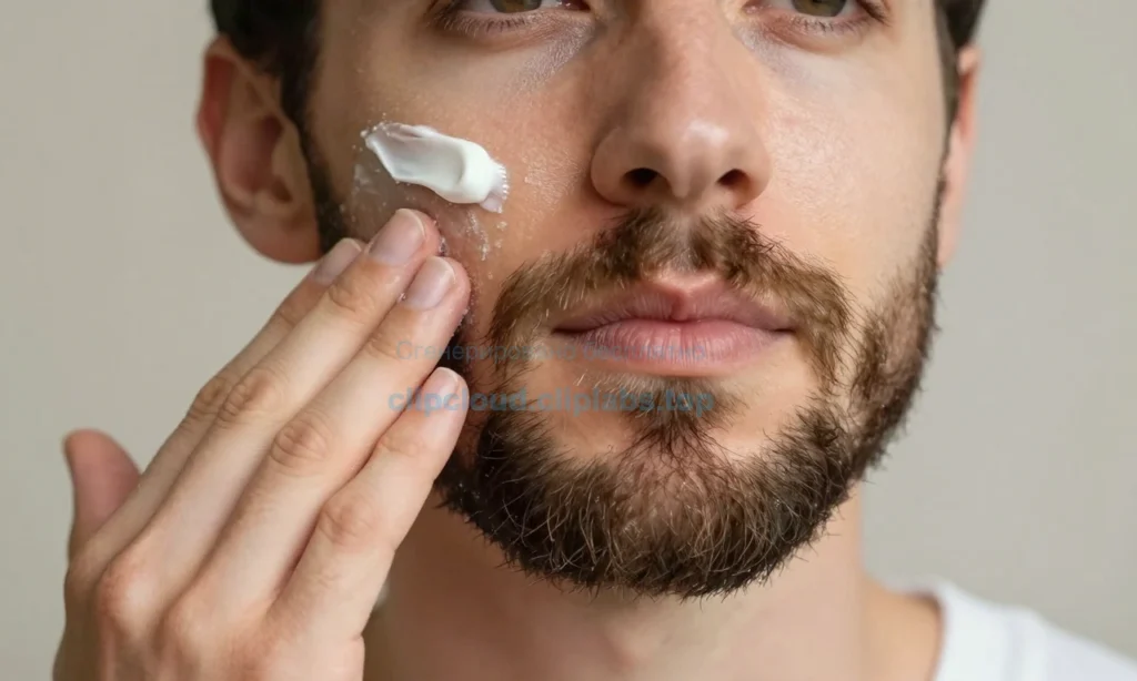 A close-up portrait of a man with a well-groomed beard, showing a subtle sheen on the skin beneath the beard. The image should depict a balanced skincare routine: on one side, a gentle cleanser being applied to the beard area, and on the other side, a light, non-greasy moisturizer or balm being spread evenly. The background is neutral and softly blurred to keep focus on the facial skin and beard. The lighting highlights the natural texture of the beard and the slight shine of the skin, conveying