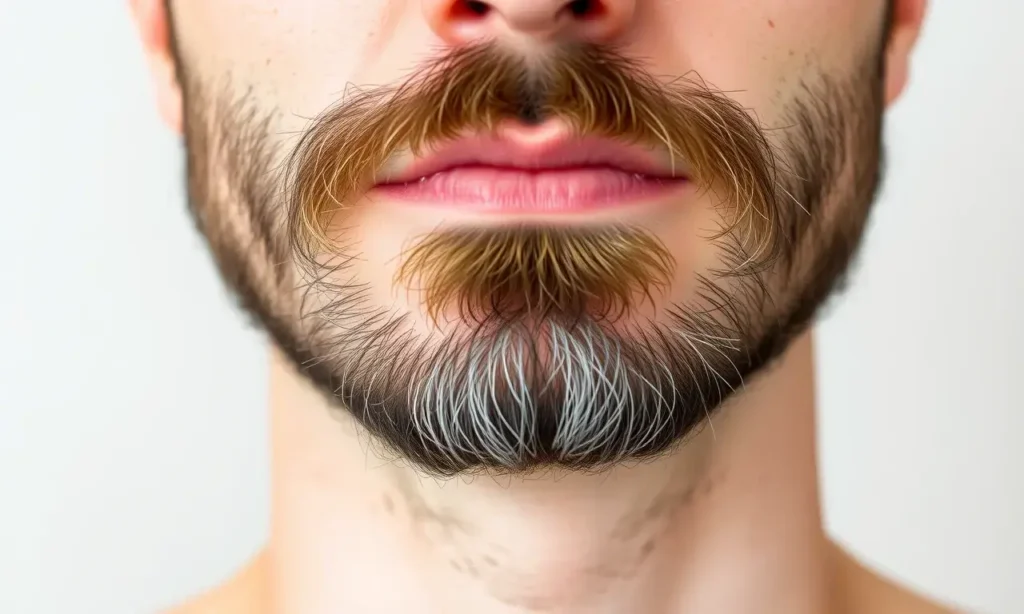 A close-up of a well-groomed beard and mustache with visible skin underneath, showing subtle signs of irritation or oil buildup, set against a soft neutral background. The lighting is natural and even, highlighting texture and detail without harsh shadows. No text, symbols, or logos appear in the image.
