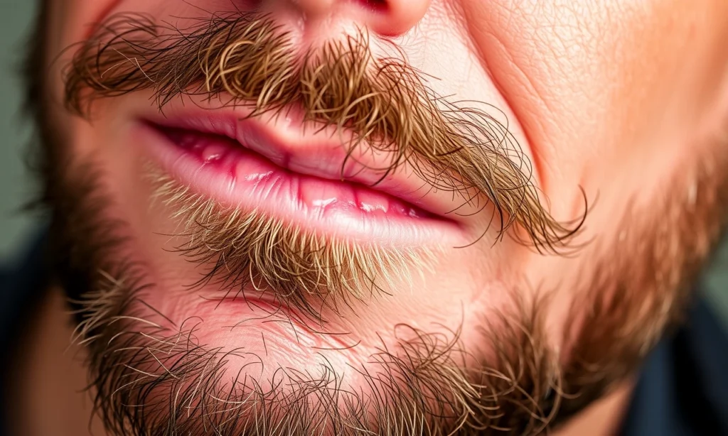 A close-up view of a man's face showing tight, irritated skin under a short beard, with visible redness and discomfort, focusing on the jawline and chin area, soft natural lighting, realistic skin texture, no text or symbols