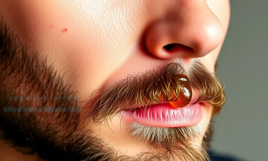A close-up of a man's face with a well-groomed beard, showing healthy skin texture and subtle beard oil droplets on the facial hair, soft natural lighting, focus on skin and beard care, no visible acne or irritation, realistic skin pores and fine beard hairs, warm earthy tones, minimalist background