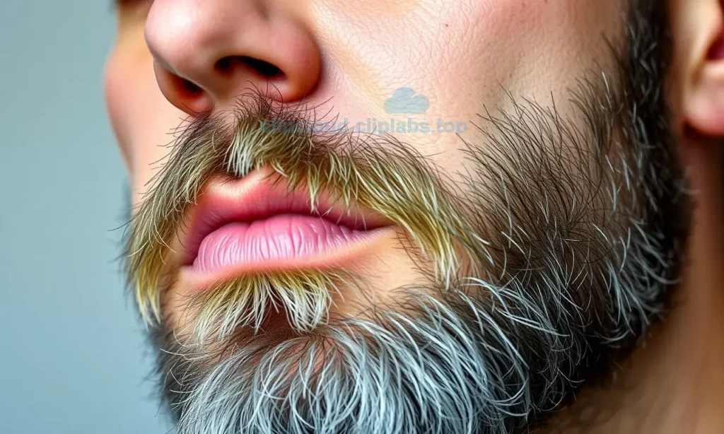 A close-up of a man's face showing a patchy, uneven beard after a bad haircut, with visible gaps and stubble, soft natural lighting, realistic skin texture, no facial expressions of distress, focus on beard condition