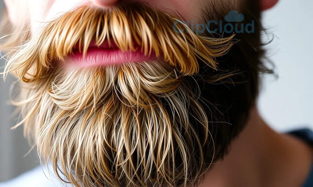 A close-up of a well-groomed beard showing natural color variation: darker roots and lighter tips, with healthy, soft facial hair strands illuminated by gentle natural light. The background is softly blurred, emphasizing texture and tone gradient. No text, symbols, or artificial elements present.