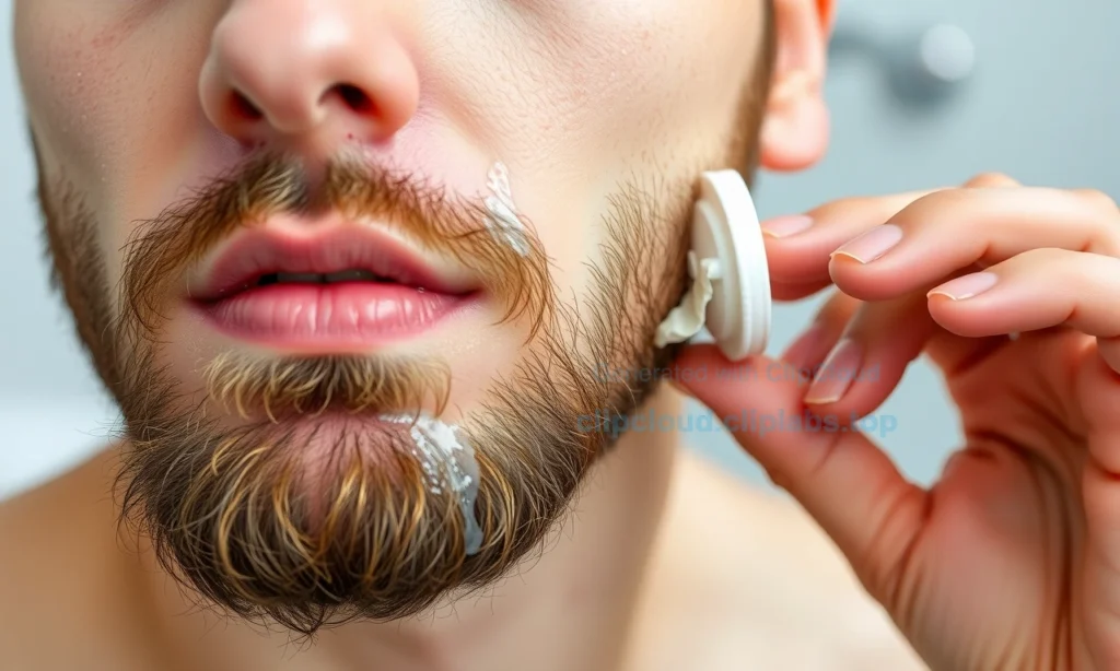 A close-up of a man's beard area showing mild redness and inflammation after washing, with a gentle hand applying a soothing balm, set in a calm bathroom setting with soft lighting, no text or symbols