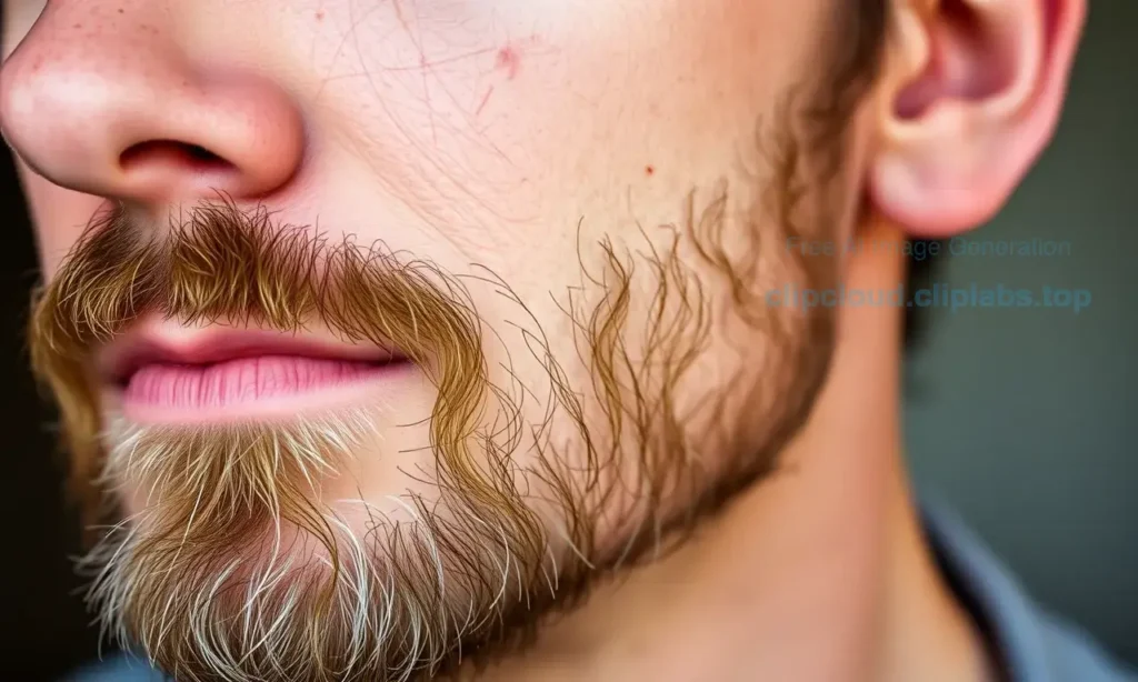 A close-up of a man's face showing a thinning beard after illness, with visible patches of sparse facial hair, soft natural lighting, realistic skin texture, and a calm, hopeful expression; background blurred to emphasize the beard area, no text, no symbols, no clothing details visible