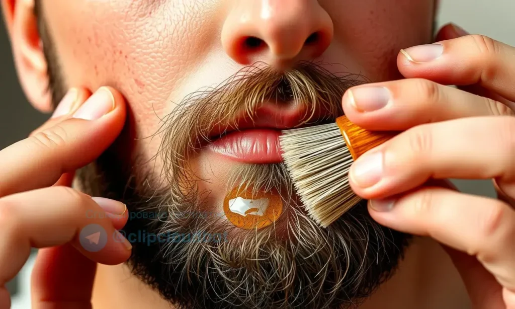 A close-up of a man's face showing a thinning beard after illness, with gentle hands applying nourishing beard oil and using a soft brush, warm natural lighting, subtle skin texture visible, no text or symbols, realistic medical wellness context